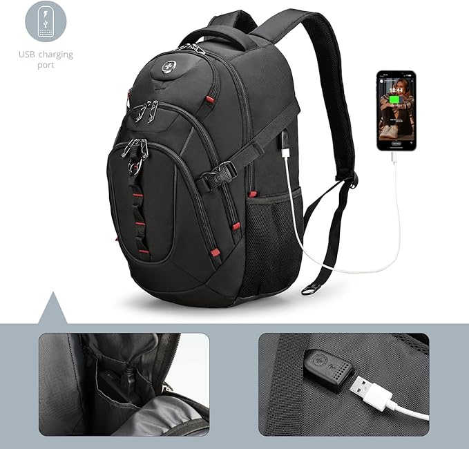 Swissdigital Design Large Business Laptop Backpack with Smart USB Charging Port Travel Backpack Fits 15.6 inches laptops (VECTOR SD803-01 Black)