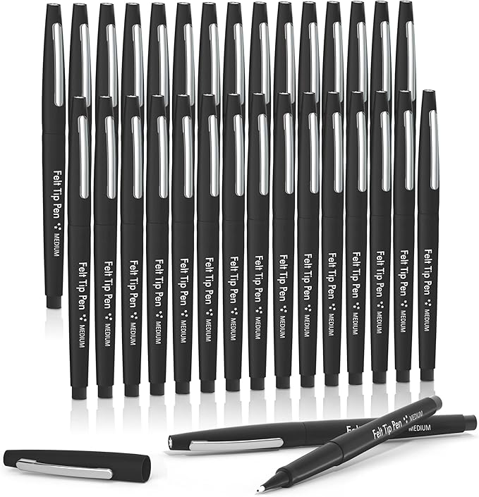 Lelix Felt Tip Pens, 30 Black Pens, 0.7mm Medium Point Felt Pens, Felt Tip Markers Pens for Journaling, Writing, Note Taking, Planner, Perfect for Art Office and School Supplies