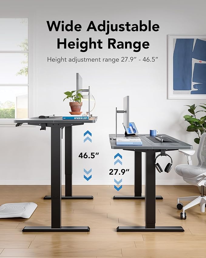 HUANUO 63" x 28" Electric Standing Desk Adjustable Height, 4 Memory Height Settings, Headphone Hook, Cable Manager, Sit Stand Up Desk for Home Office & Computer Workstation, Grey