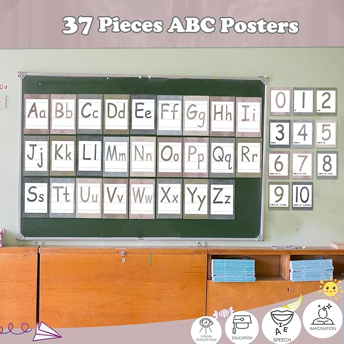 Bulletin Board Alphabet - ABC Alphabet Poster Classroom Decorating Set Preschool English Poster Kindergarten Elementary Classroom Wall Decor Daycare Homeschool Supplies (Morandi)