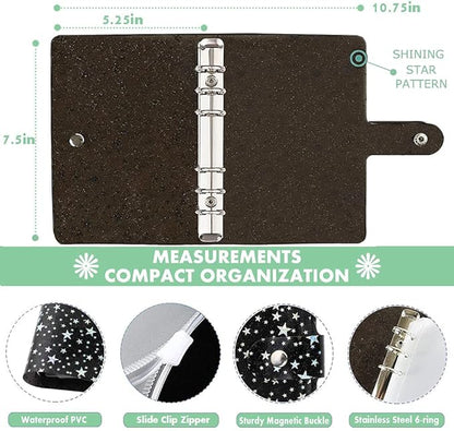 35 Pieces A6 Binder PVC Cover with 10 Clear Binder Pockets, Waterproof 6-Ring Budget Binder Envelopes System Budget Planner Organizer, Budget Sheets & Card Bags & Papers & Label for Cash Envelopes