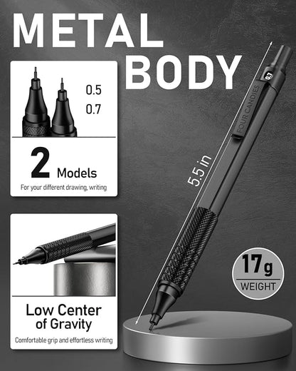 Four Candies 2PCS Metal Mechanical Pencils Set with Case, 0.5mm & 0.7 mm Artist Pencil with 6 Tubes (360PCS) HB Lead Refills, 3 Erasers,9 Eraser Refills For Writing Drafting, Drawing, Black