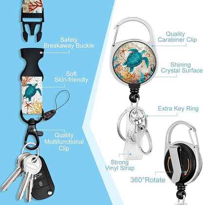 Lanyards for Id Badges, Badge Holder with Retractable Reel Clip, Sea Turtle Cute Card Name Tag Lanyard Vertical ID Card Protector Case for Women Nurse Nursing Doctor Teacher Student Kids