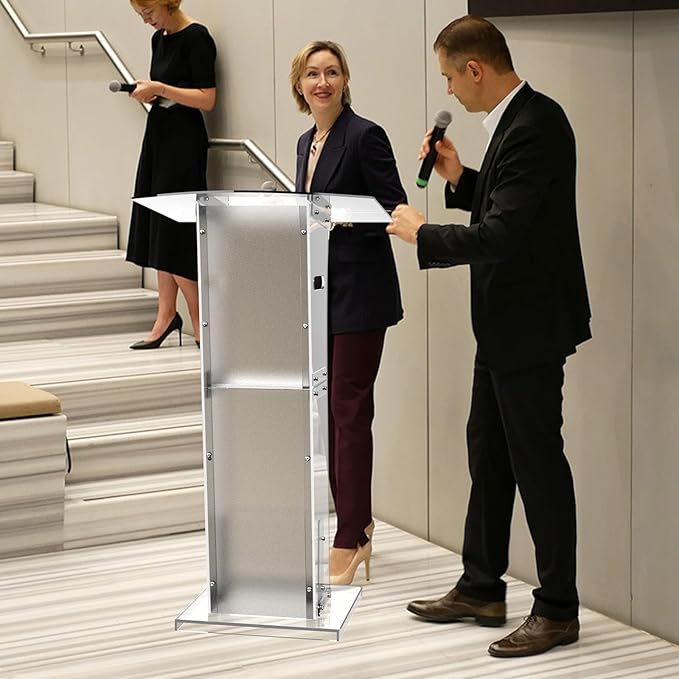 Acrylic Podium Stand With Storage Shelf,Segmented Transparent Lecterns & Podiums,Pulpits For Churches、Conference、Speeches、Weddings、Classroom、Concert,47" H Professional Presentation Podiums