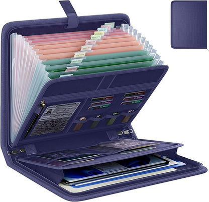 Fireproof Accordion File Organizer, Portable Expanding File Folder with Waterproof Zipper&Labels, Blue Document Organizer with 13 Pockets, File Organizer for Important Document/Paper Storage