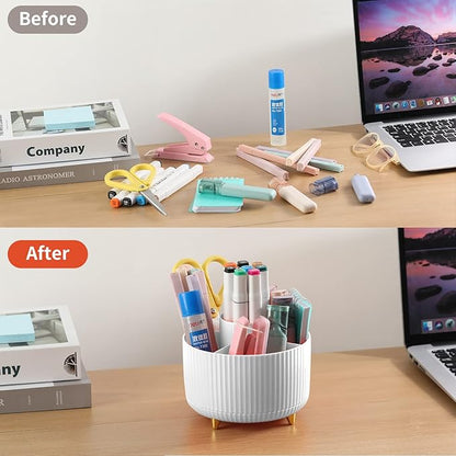Desk Pen Holder, 5-Slot 360 Rotating Pencil & Pen Organizer - Desktop Storage Stationery Supplies Organizer, Cute Pencil Cup Pot for Office, School, Home, Art Supply, White