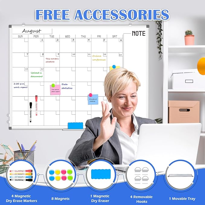 WALGLASS Dry Erase Calendar Whiteboard, 48" x 36" Monthly Large Dry Erase Calendar for Wall, Double-Sided Hanging Calendar White Board with Silver Aluminum Frame for Home, School, Office, Kitchen