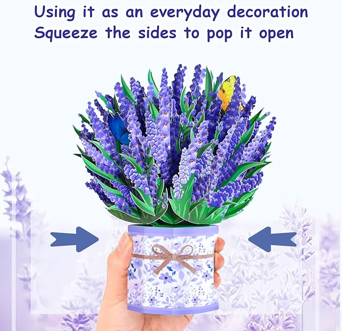 Lavender Bouquet Pop Up Card, 3D Flower Greeting Card with Envelope for Any Occasion, Birthday, Mother's Day, Anniversary, Valentines Day, Foldable Flower Cards for Wife or Friends