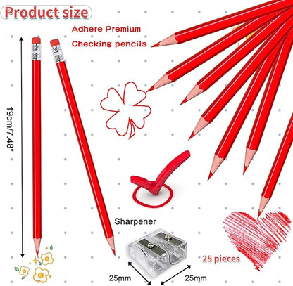 Adhere 25pcs Checking Pencils Erasable colored Pencils Pre-Sharpened #2 HB,for Checking Tests Grading Map Coloring,school Correcting,editing Office Favors,including a Free sharpener. (Red)