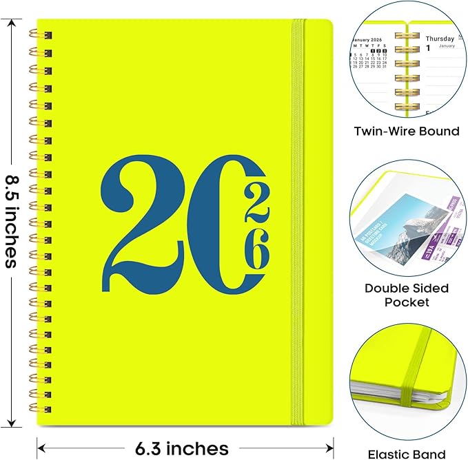 2026 Planner, Weekly and Monthly Calender Planner, Jan 2026 to Dec 2026, Hardcover 2026 Calendar Planner Book with Tabs & Inner Pocket, Office Home School Supplies for Women & Men - A5 (6.3" x 8.5"), Lemon Yellow