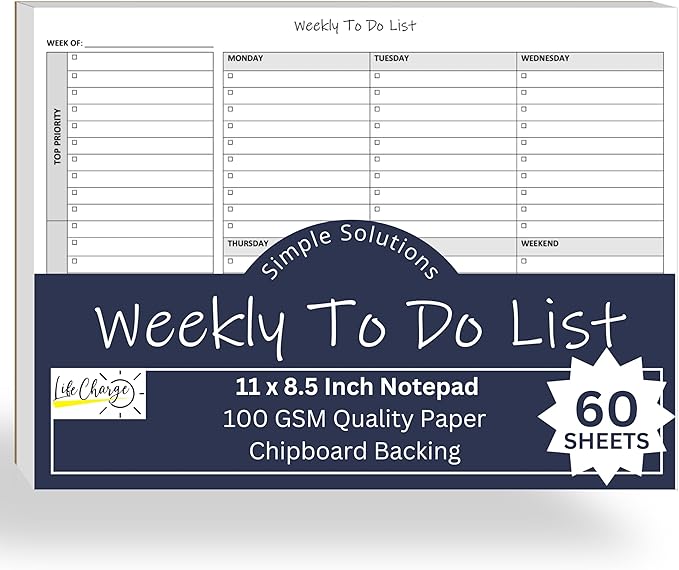 Weekly To Do List Notepad, 60 Page Task Planning Pad w/Daily Checklist, Priority Todo Checkbox & Notes. Desk Notebook to Organize Office 11 X 8.5