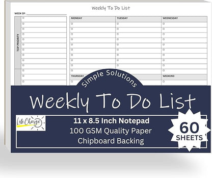 Weekly To Do List Notepad, 60 Page Task Planning Pad w/Daily Checklist, Priority Todo Checkbox & Notes. Desk Notebook to Organize Office 11 X 8.5