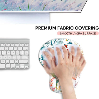 JIKIOU Mouse Pad, 2 Pack Ergonomic Mouse Pads with Comfortable Gel Wrist Rest Support and Lycra Cloth, Non-Slip PU Base for Easy Typing Pain Relief Durable and Easy to Clean Small White Flowers