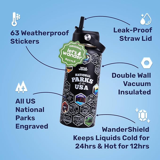 LET'S WANDER Original Lets Wander National Parks Water Bottle with Waterproof Stickers - 32oz Leakproof Insulated Stainless Steel with Straw - Parks of the USA Bucket List Bottle [BLACK]