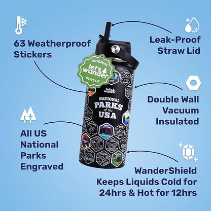 LET'S WANDER Original Lets Wander National Parks Water Bottle with Waterproof Stickers - 32oz Leakproof Insulated Stainless Steel with Straw - Parks of the USA Bucket List Bottle [BLACK]