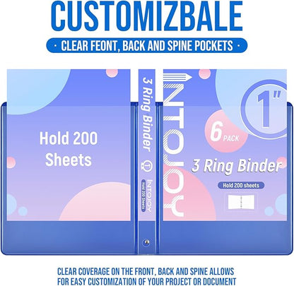 3 Ring Binder 1 Inch, IntoJoy 6 Pack Clear View 3 Hole Binder PVC-Free Fits 8.5x11 Inch Paper Flexible Round Ring Binders for School Office Home Binder Supplies (Multicolored)