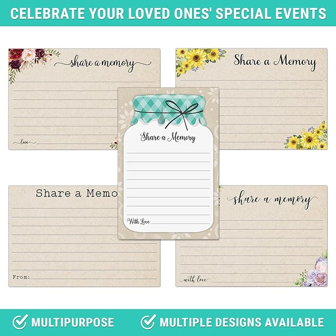 321Done Share a Memory Card, Made in USA - 4x6 Kraft Tan, for Celebration of Life, Birthday, Anniversary, Memorial, Funeral, Graduation, Bridal Shower Game - Set of 50