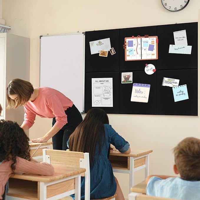 Smarpau Large Cork Board for Walls 48"x36" Black Cork Bulletin Board 12 Pack Felt Wall Tiles with Pushpins Pin Board Tack Board for Office Home Decoration