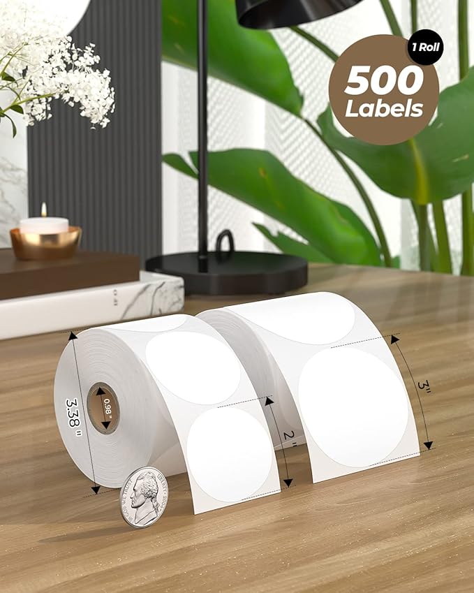 MUNBYN 3 Inch White Circle Thermal Sticker Labels, Multi-Purpose Self-Adhesive Round Thermal Stickers for Business, Inventory Labels, 500 Sheets/1 Roll