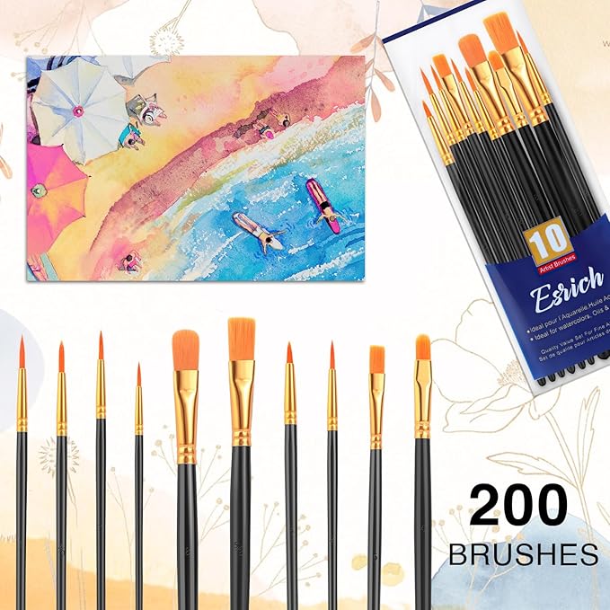ESRICH Acrylic Paint Brushes Set, 20 Packs / 200 Pcs Nylon Hair Paint Brushes,Paint Brush Set Suitable for Oil,Watercolor,Rock Body Face Art, Kids Adult Perfect Art Painting Craft Paint Brush Kits.