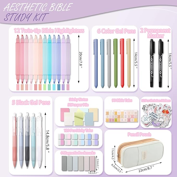 XKDOUS 56 Pcs Bible Study Supplies Journaling Kit, Bible Study Kit, Bible Case with Highlighters and Pens, Bible Tabs Stickers and Other Bible Journaling Supplies, Aesthetic Bible Study Tools