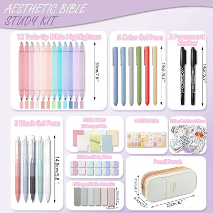 XKDOUS 56 Pcs Bible Study Supplies Journaling Kit, Bible Study Kit, Bible Case with Highlighters and Pens, Bible Tabs Stickers and Other Bible Journaling Supplies, Aesthetic Bible Study Tools