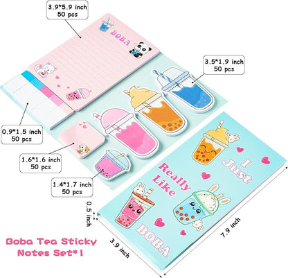 I Just Really Like Boba Sticky Notes Set, 550 Sheets, Cute Bubble Tea Self-Stick Notes Pads Milk Tea Theme Divider Tabs Bundle Writing Memo Pads Back to School Office Supplies Small Gift