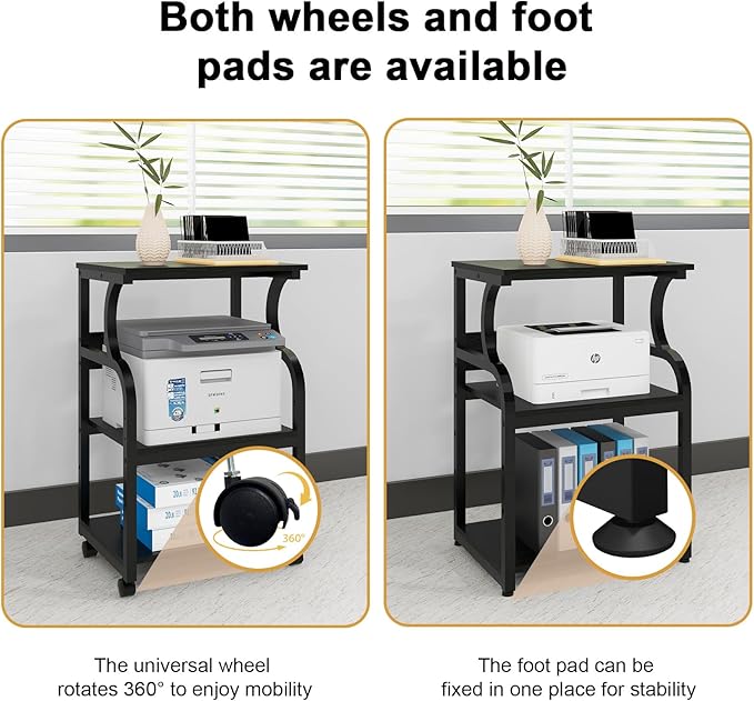 Natwind 3 Tier Printer Stand,Printer Table with Adjustable Storage Shelf, Rolling Printer Cart with Wheels for Home Office Organization,Multifunctional Shelves for Heat Press,3D Printer (Black)