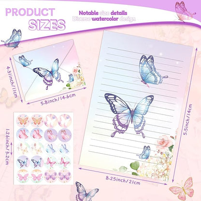 TaoBary 160 Packs Stationery Paper Set (50 Double Sided Stationery Writing Papers 50 Matching Envelopes) 60 Round Dot Sticker, 10 Design(Watercolor Butterfly,5.5 x 8.25 Inch)