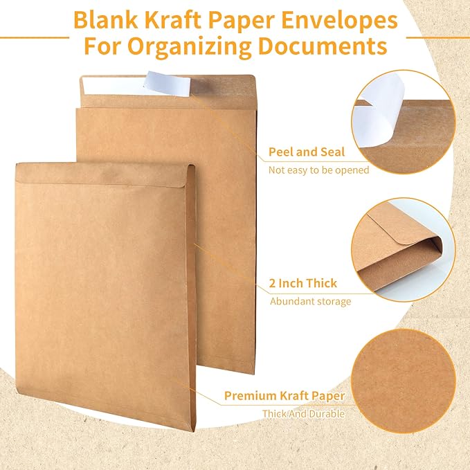 50 Pieces Expandable Envelopes 10x13x2 Large Kraft Envelopes 10x13 Catalog Envelopes Peel and Seal for Home Office Business Storage and Organizing (50)
