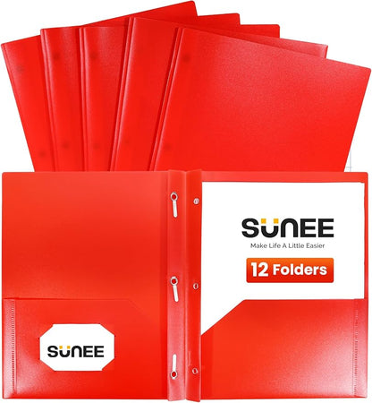 SUNEE 12-Pack Red Plastic Folders with Pockets and Prongs, Letter Size, 9 x 11.5 in