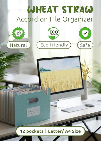 Accordion File Organizer, 12 Pockets Wheat Straw Expanding File Folders, Upright & Open Top, Monthly Bill Receipt Organizer, 100% BPA Free, Return to Nature, Healthy Living, Letter/A4 Size-Sky Blue