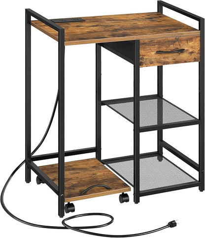 HOOBRO Printer Stand with Charging Station, Printer Shredder Stand with Fabric Drawer, Table for Fax Machine, Printer Storage Office Organizer, for Home Office, Rustic Brown and Black BF72UPS01