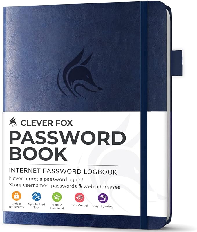 Clever Fox Password Book with Alphabetical tabs. Internet Address Organizer Logbook. Small Pocket Password Keeper for Website Logins (Dark Blue)
