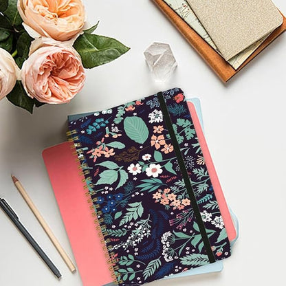 Spiral Notebook - A5 Spiral Notebooks, 8.3'' × 5.8'', 160 Pages, Aesthetic Journaling Notebooks for Women, College Lined Notebook with Elastic Closure, Back Pocket, for School Office, Leaves Black