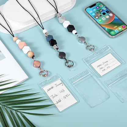 9 in 3 Set Retractable Lanyard for ID Badges with ID Holder Wooden Beaded Lanyards for Women Teacher Appreciation Gifts Office Gift for Coworkers