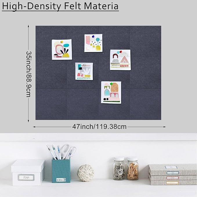 Large Cork Board Alternative for Walls, 47"x35" 12 Pack Felt Wall Tiles Bulletin Board with 30 Push Pins, Sticky Notes, Cork Boards for Office Pin Board Tack Board Felt Boards (Dark Grey)