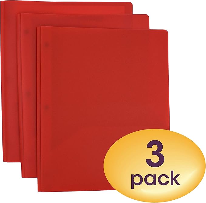 Smead Poly Two-Pocket Folder, Three-Hole Punch Prong Fasteners, Letter Size, Red, 3 Per Pack (87730)