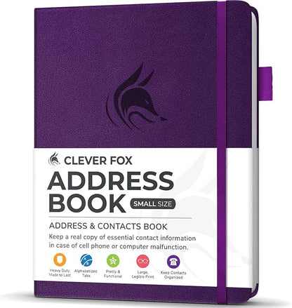 Clever Fox Address Book with alphabetic tabs - PU Leather Telephone and Address Book for Keeping Contacts Safe, Contact Organizer Journal, Small Size (4.0″ x 5.5″), Hardcover, Purple