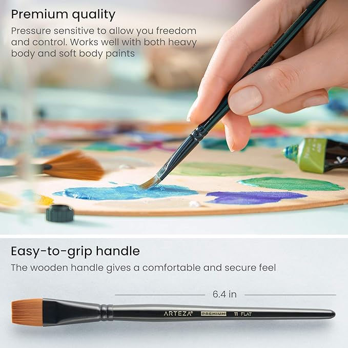 ARTEZA Paint Brushes, Set of 12, Premium Synthetic Brushes with Brass Ferrules & Wooden Handles