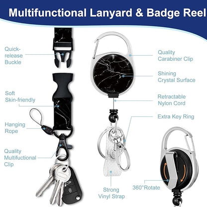 Black Marble Lanyards for Id Badges, Cute Badge Reel Heavy Duty with Carabiner Clip, Fashionable ID Badge Holder with Breakaway Lanyard, Teacher Nurse Office Gifts