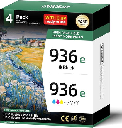 936e Ink Cartridge with Chip Combo 4-Pack Replacement for HP 936 936e Ink Compatible for HP OfficeJet Pro 9125e 9135e 9110b 9128e 9130b Wide Format 9730e OfficeJet 9122e Printers Inkjet Printer 936XL