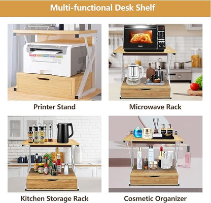 Printer Stand for Desk,2 Tier Desktop Printer Stand,Home Printer Stand with Storage Drawer,Small Printer Table,Desk Organizer Shelf for Top of Desk,Printer Rack for Fax Machine,Scanner-Oak