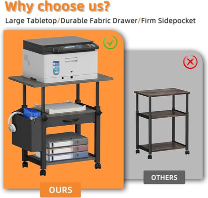 22"x15" Large Printer Stand with Storage Drawer and Side Bag, 3-Tier Height Adjustbale Printer Cart for Home Office, Rolling Printer Table fit Heat Press/Laser printer/3D Printer(Grey)