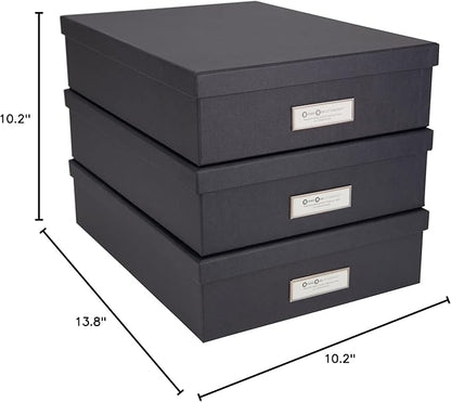 Bigso Oskar Fiberboard Label Frame Document Letter Box | File Organizer Document Box for Important Paperwork | Document Storage Box with a Lid & Label Window | 3.3″x10.2″x13.8″ | 3 Pack | Dark Grey