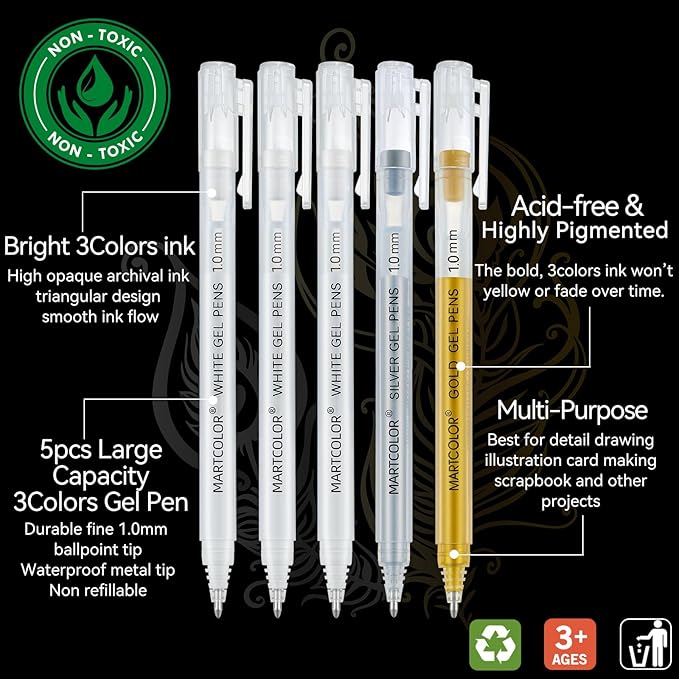 Gold Silver White Gel Pens, 5 Pack, 1 mm Extra Fine Point 3 Colors Gel Ink Pens Set, Opaque White Archival Ink Pens for Black Paper Drawing, Sketching, Illustration, Card Making
