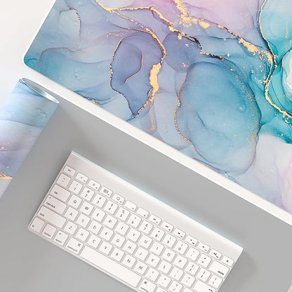 QIYI Large Mouse Pad, PU Leather Desk Mat for Desktop, Waterproof Gaming Desk Pad, Marble Full Desk Accessories Keyboard Mousepad, Abstract Art Home Office Décor 31.5" x 15.7" - Blue Pink Fluid