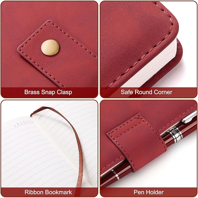A5 Leather Journal Notebook with Pen, 200 Pages Hardcover Journal with Pocket, 100gsm Thick Lined Paper Daily Diary for Men and Women, Great Gift for Business School Travel Personal - Red