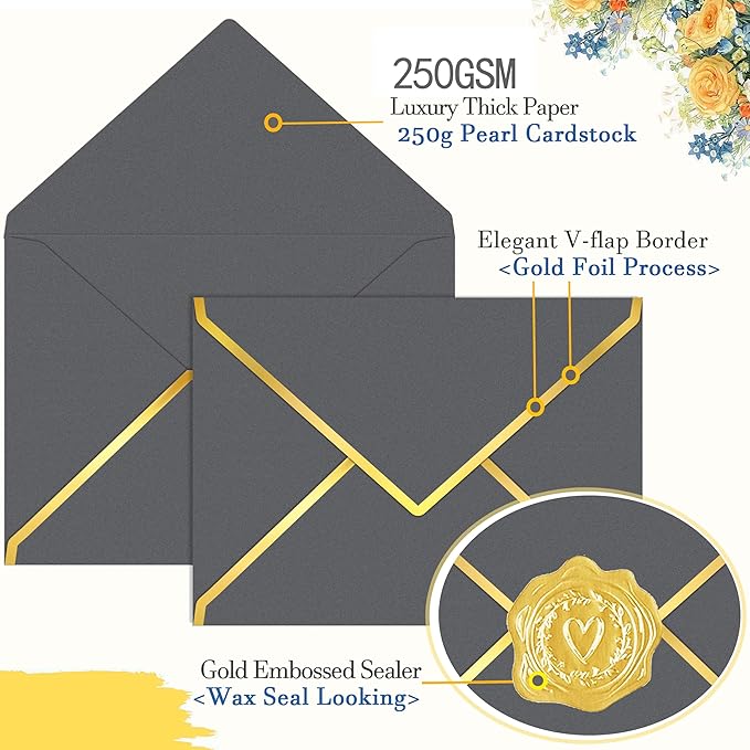 60 Pack Gold Envelopes 5x7 Silver Gray, 250G Pearled Cardstock A7 Envelopes for Invitations Business Mailing Envelope with Gold Foil Border, A6 4x6 Envelopes for Wedding Baby Shower Cards