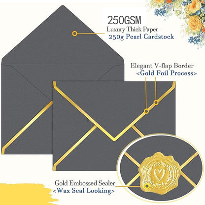 60 Pack Gold Envelopes 5x7 Silver Gray, 250G Pearled Cardstock A7 Envelopes for Invitations Business Mailing Envelope with Gold Foil Border, A6 4x6 Envelopes for Wedding Baby Shower Cards